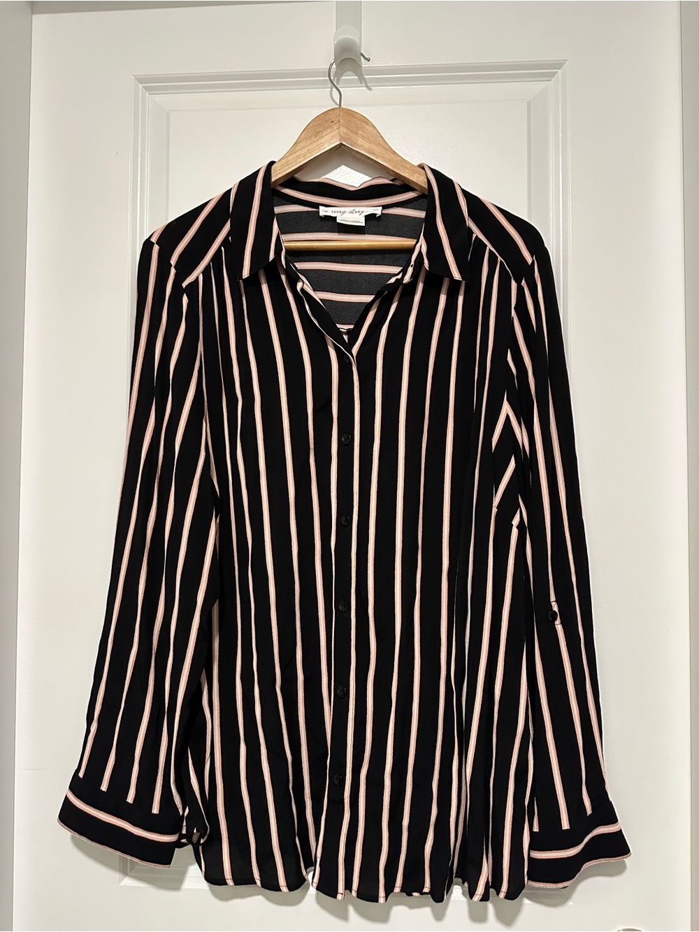 Women’s Flowy Black Button-Down Blouse  with Pink Stripes - Size 2X
